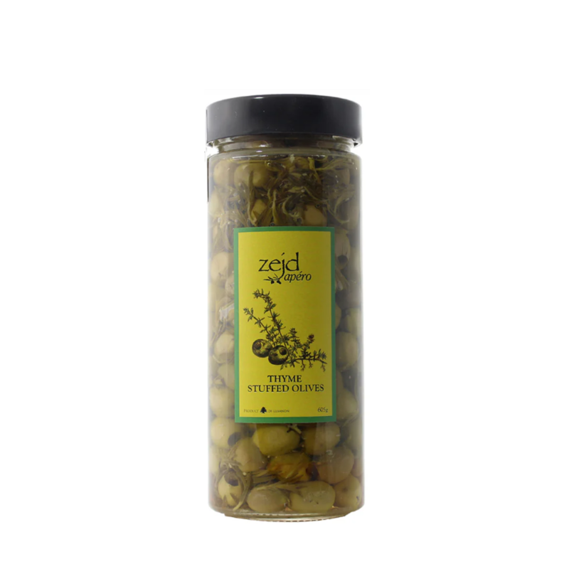 Olives marinées au thym, 605gr (net), Zejd, 400gr (égoutté)